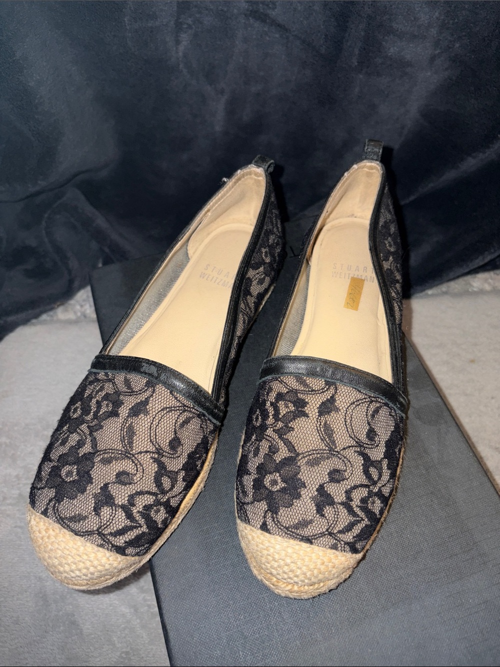 Stuart Weitzman Black Lace Espadrille Flats with Jute Toe